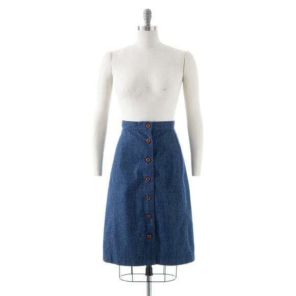 Vintage 1970s Denim Skirt 70s MS. PIONEER Leather Blue Jean Western Boho A-Line - Picture 2 of 8